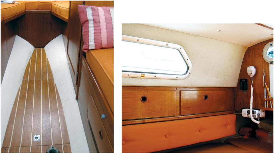 The Nu-Teak sole brightened up the interior and gave the job a final touch, at left. Ken finished the curved hull sides with Ultra Tuff non-skid. The new material on the overhead closely matched the old material on the coachroof sides, at right.