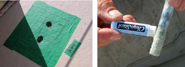 A generous application of tape ensured epoxy went only where it was wanted, at left. Using what was on hand, Fred “waxed” 1/2-inch bolts so the epoxy would not stick to them, at right.