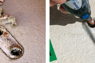 Extracting the chainplate revealed an oval hole and little caulking, above. Fred used a Dremel tool to grind the old caulk out of the holes, at right.