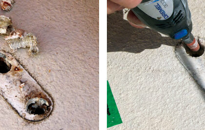Extracting the chainplate revealed an oval hole and little caulking, above. Fred used a Dremel tool to grind the old caulk out of the holes, at right.