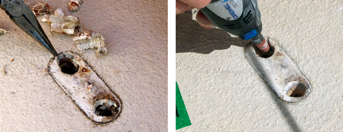 Extracting the chainplate revealed an oval hole and little caulking, above. Fred used a Dremel tool to grind the old caulk out of the holes, at right.