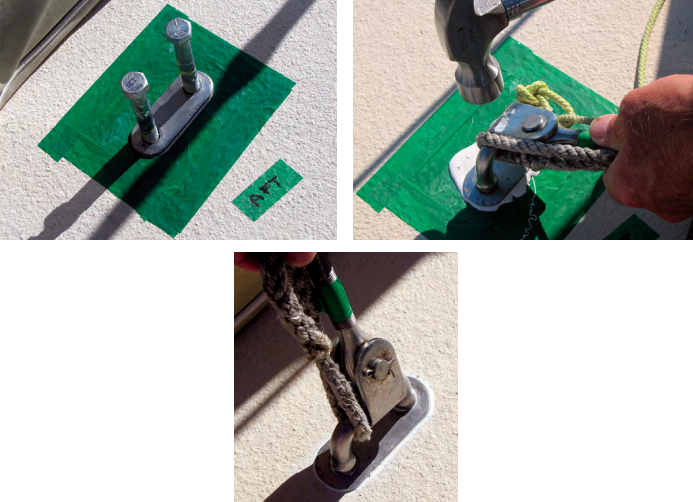 Fred used the bolts to locate the deck plate while he taped around it prior to caulking, at left above. With the caulk applied under the plate, Fred tapped the U-bolt into the holes, at right above. When everything was finally reassembled, at left, it was time to break out the wine.