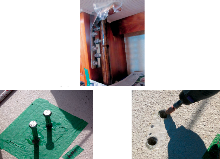 A wooden block wrapped in plastic and wedged against the interior chainplate bracket, above, stemmed epoxy drips. After filling the holes with epoxy, Fred threaded the bolts into the chainplate bracket, at left. Bolts withdrawn and epoxy set, Fred “countersunk” the holes, at right.