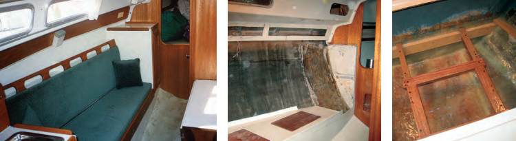 The saloon originally had some white surfaces and open storage shelves behind the settees, at left. Ken began his refit of Reinsnest by removing much of the saloon furniture, center. He also took out the V-berth, built a new holding tank into the hull beneath it, at right, and fitted a water tank on top of that.