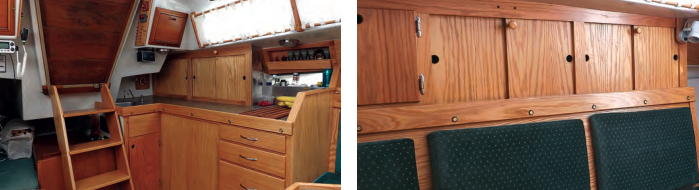 Ken shortened the port-side settee and extended the galley forward, at left. He made his new cabinets and furniture of red oak for its light color. On the port side, Ken fitted lockers behind and above the seat backs, at right. The seat-back cushions are attached to panels that lift up and out to give access to the lockers.