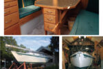 To make Reinsnest trailerable, her owner, Ken Reinink, built a trailer, far left. He also built a shed (with a pit in the floor for the keel), at left, where he carried out the refit, top of page.
