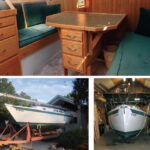 To make Reinsnest trailerable, her owner, Ken Reinink, built a trailer, far left. He also built a shed (with a pit in the floor for the keel), at left, where he carried out the refit, top of page.