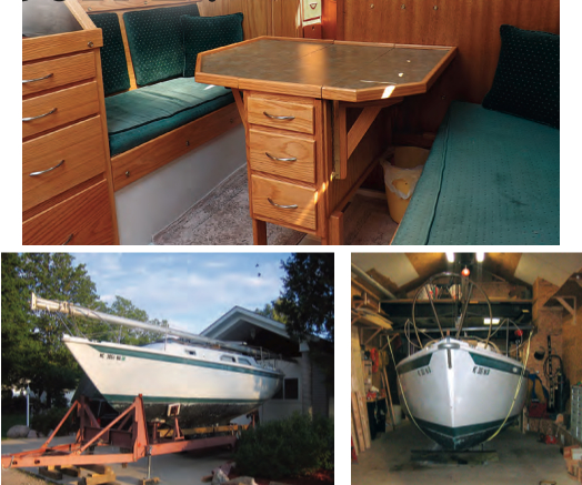 To make Reinsnest trailerable, her owner, Ken Reinink, built a trailer, far left. He also built a shed (with a pit in the floor for the keel), at left, where he carried out the refit, top of page.