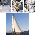 With the drive leg installed and sound insulation fitted, the engine space looked very clean, at left. A boatyard crane did the heavy lifting with the new engine, at center. The Beta engine lost its standard red color because Bert likes white, at right. Natasha sails on, below, and Bert has new confidence in her reliability.