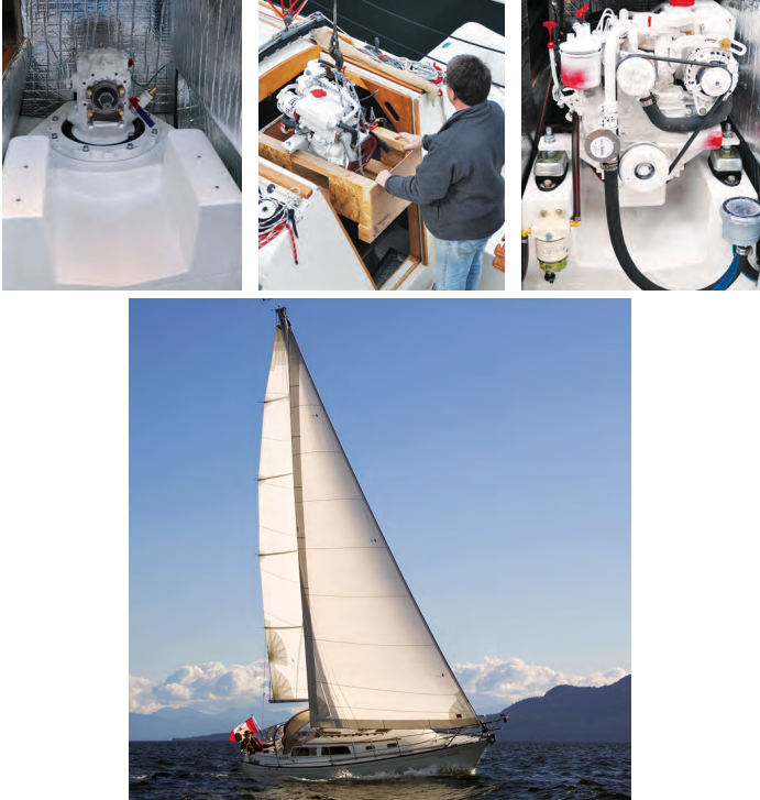 With the drive leg installed and sound insulation fitted, the engine space looked very clean, at left. A boatyard crane did the heavy lifting with the new engine, at center. The Beta engine lost its standard red color because Bert likes white, at right. Natasha sails on, below, and Bert has new confidence in her reliability.