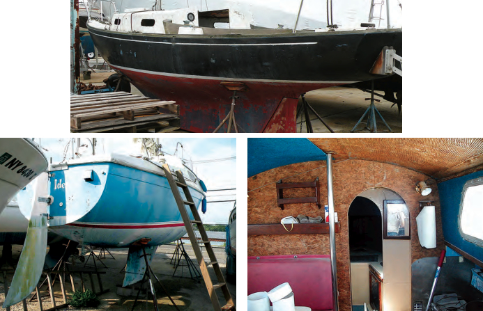 This daysailer, at left, had been left with its companionway hatch open, as if in mid-project. The Tanzer 28, bottom left, eventually found a taker, as did the Westerly Centaur, bottom right, that had apparently been under renovation when it was abandoned.