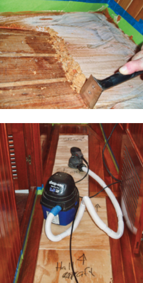 The first step in the refinishing process was to strip the original coating from the cabin sole, at top. Stephanie applied stripper in the mornings, then scraped it after dinner. When it came time to use the sander, Drew hooked it up to a Shop-Vac to control the dust, above.
