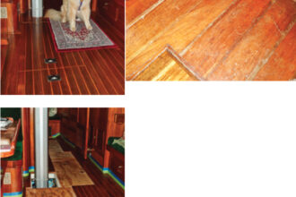 Maya obediently stays off La Vita’s shiny new cabin sole, at top. Temporary plywood floorboards provided something to walk on while Stephanie did the refinishing, above. She protected the adjacent lacquered surfaces with two layers of masking tape. Stephanie took on the project because the sole was showing its 27 years of use, facing page.