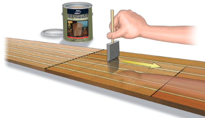 After applying the varnish to a workable area, Stephanie “tipped” it by brushing it in the direction of the wood grain, working from the dry side toward the wet edge.