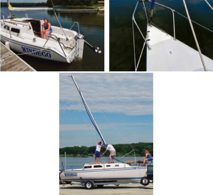 The cockpit seats on the Santana 2023 are close enough together to provide good foot bracing when the boat is heeled and the backrests are tall and reasonably comfortable, at left. The low transom makes for easy boarding from the swim ladder. Ground tackle is stowed in the deck locker, leaving the foredeck uncluttered, at right. Temporary lines from the mast to the deck hold the spar in position laterally until it has been fully raised with the mainsheet and gin-pole, below. The shrouds are then fastened to the chainplates.
