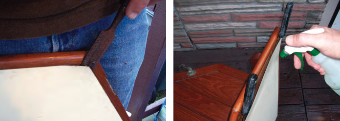 After 20 years, the Formica on Scott’s saloon table was showing its age and he wanted to replace it without damaging the teak trim. He started by prying up a corner with a chisel, at left, then sprayed lacquer thinner into the gap he created to dissolve the contact cement holding the Formica to the tabletop, at right.