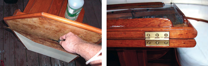 Removing the Formica was a delicate process that required lots of lacqer thinner, putty knives, and patience, at left. To get at the Formica, Scott removed the fiddles from the table’s edges. After fitting the copper, he reinstalled the fiddles and coated them with epoxy, at right. While he was at it, he fitted new hinges.