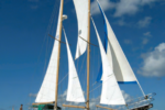 All the sails except the fisherman on the Farrington 52 staysail schooner, Kai Kanani, were on roller furling. When Todd owned this boat, his 12-year-old son Alex could sail her using the electric winches and furling gear.