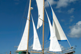 All the sails except the fisherman on the Farrington 52 staysail schooner, Kai Kanani, were on roller furling. When Todd owned this boat, his 12-year-old son Alex could sail her using the electric winches and furling gear.