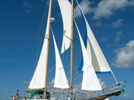 All the sails except the fisherman on the Farrington 52 staysail schooner, Kai Kanani, were on roller furling. When Todd owned this boat, his 12-year-old son Alex could sail her using the electric winches and furling gear.