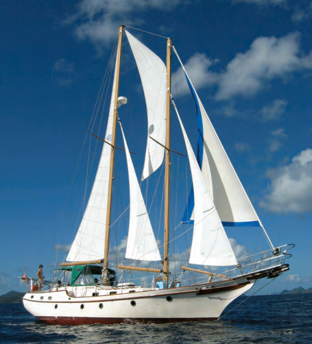 All the sails except the fisherman on the Farrington 52 staysail schooner, Kai Kanani, were on roller furling. When Todd owned this boat, his 12-year-old son Alex could sail her using the electric winches and furling gear.