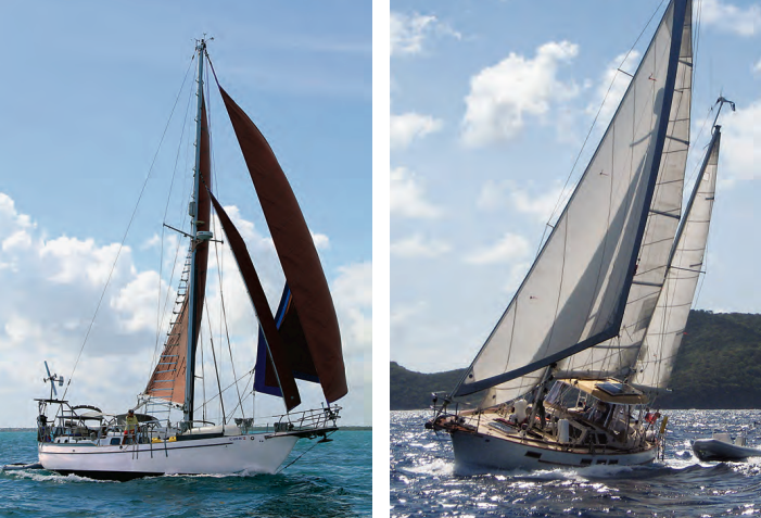 Varua, at left, is a 1974 Westsail 42 cutter owned by friends of Todd’s who were cruising the Bahamas as he was writing this article. To Todd’s knowledge, this boat has been around the world at least once. Todd owned the Corbin “staysail ketch,” Seafari V, at right, many years ago. The boat is now in Quebec.