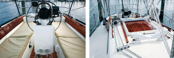 The Morgan 34’s narrow cockpit, at left, is made for sailing and is also conductive to lounging. Lines led aft from the mast are not original, at right, but are one of several modifications made by O'Tay Too's previous owner, John Mathews.
