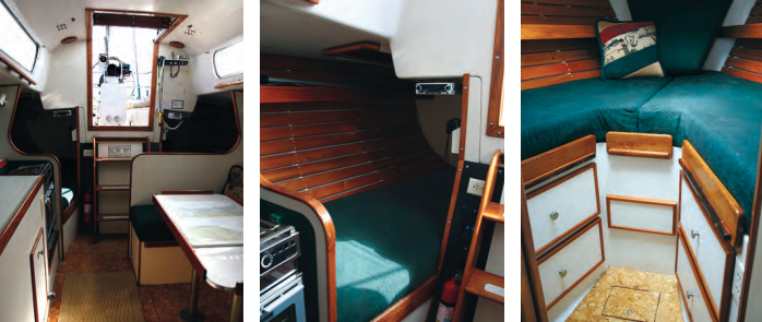 Under the narrow cabin trunk, the interior layout of the Morgan 34 is quite conventional for its day, at left, and has a cozy and secure feeling. Former owner John Mathews installed the ceiling battens and green upholstery, center. He also painted Formica surfaces white and laid the cork sole, at right.