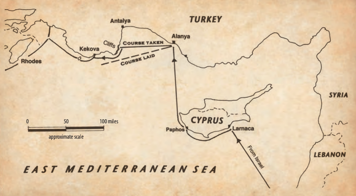 The solid line is the route Tientos followed en route to the cliff in Turkey. The dotted line is the planned course that would have missed the cliff by miles.