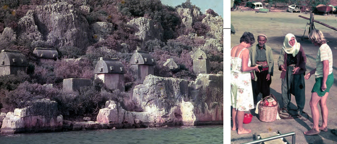 While Tientos was in Kekova undergoing repairs, her crew explored ancient sarcophagi on the nearby coast, at left, and bartered with residents for fresh food, at right.