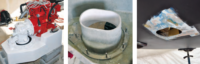 Bert assembled the engine/drive unit to its base, at left, to drill and tap holes for the mounting bolts, center. Cutting the hole in the hull was daunting, at right.