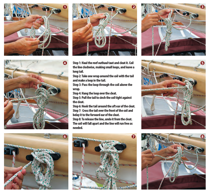 Step 1: Haul the reed outhaul taut and cleat it. Coil the line clockwise, making small loops, and leave a long tail. Step 2: Take one wrap around the coil with the tail and make a loop in the tail. Step 3: Pass the loop through the coil above the wrap. Step 4: Hang the loop over the cleat. Step 5: Pull the tail to cinch the coil tight against the cleat. Step 6: Hook the tail around the aft ear of the cleat. Step 7: Cross the tail over the front of the coil and belay it to the forward ear of the cleat. Step 8: To release the line, undo it from the cleat. The coil will fall apart and the line will run free as needed.