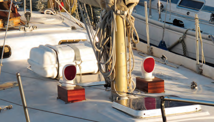 A pair of matching Dorade boxes add style to Sigfrid’s deck while directing refreshing air into the cabin.