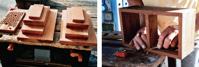 After determining the dimensions for the Dorade boxes, Richard cut out all the pieces of wood, at left. A job like this one also requires a spare length from which to cut bungs to cover countersunk screws. The baffle in the middle of the box, at right, knocks down rain and spray that enters through the vent’s cowl.