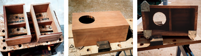 The yet-to-be-plugged screw holes are visible on the unfinished boxes, at left. After trimming the finished boxes to fit the deck camber, Richard plugged the screw holes and sanded the boxes in preparation for varnishing, center. The carpentry work done, he fitted the feet, cut from stainless-steel flat bar, at right.