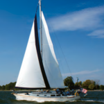 Under reefed mainsail and partially furled genoa, the Cal 39 Mk II, Boomerang, owned by Charles and Gina Strasburger of St. Michaels, Maryland, struts her stuff on Chesapeake Bay.