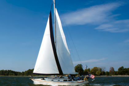 Under reefed mainsail and partially furled genoa, the Cal 39 Mk II, Boomerang, owned by Charles and Gina Strasburger of St. Michaels, Maryland, struts her stuff on Chesapeake Bay.