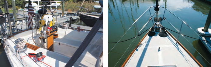 The T-shaped cockpit, at left, is relatively short, and with a bridge deck that reduces its volume, is suitable for offshore sailing. Note the removable wooden seat extensions. The large clean foredeck, at right, provides lots of room for handling sails or anchors.