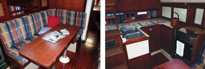 Between the L-shaped dinette (which converts to a double berth), at left, and the starboard settee, the saloon can seat six for meals. The galley, at right, is U-shaped for security when preparing meals under way. Teak trim and veneers create a sense of warmth and quality construction.