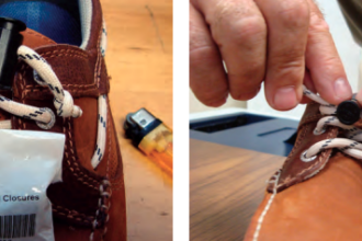 Loose shoelaces are a tripping hazard and a magnet to a playful puppy. Stephen ensured his stay tight and puppy-proof by fitting them with cord stops.