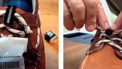 Loose shoelaces are a tripping hazard and a magnet to a playful puppy. Stephen ensured his stay tight and puppy-proof by fitting them with cord stops.