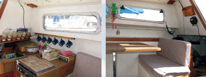 Cadenza is 40 years old and, while Jim is by no means manic about keeping her Bristol, her life in chilly fresh water has helped her age gracefully. Her galley is simple, at left, and the raised dinette, at right, gives seated diners a view through the portlights.