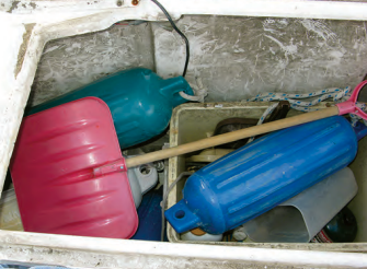 Cockpit lockers tend to be the repositories for a variety of more or less useful boat gear, but a snow shovel? That’s sailing season on Lake Tahoe.