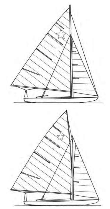 The Star Class appeared in 1911 with a gaff rig, above, and changed to a low-aspect-ratio Marconi mainsail in the 1920s, above upper.