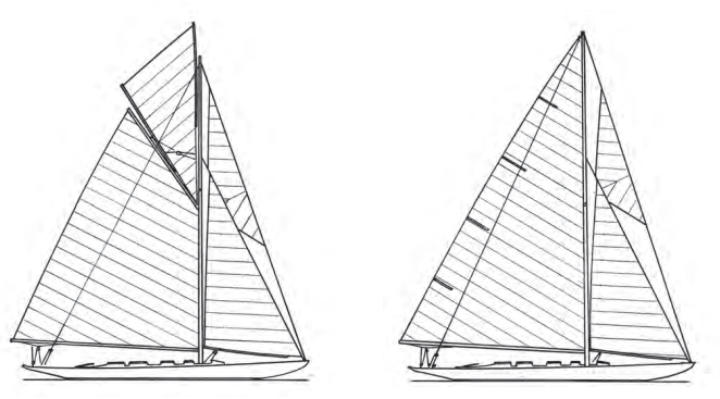 Medora, designed by William Gardner, followed the evolution in mainsail shapes. In 1912, she had a gaff rig, at left, with a jackyard topsail to fill the space between gaff and mast. In the 1920s, she was given a Marconi rig, at right.