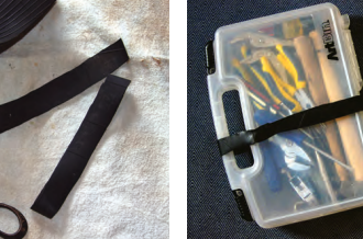 Many sailors keep an old inner tube with their maintenance supplies, at left, because the tough elastic rubber can be used for any number of jobs and repairs. With bands he cut from his tube, Greg makes sure his parts boxes stay closed and don’t slide around in the lockers.
