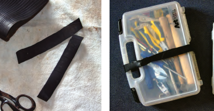 Many sailors keep an old inner tube with their maintenance supplies, at left, because the tough elastic rubber can be used for any number of jobs and repairs. With bands he cut from his tube, Greg makes sure his parts boxes stay closed and don’t slide around in the lockers.