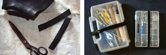 Many sailors keep an old inner tube with their maintenance supplies, at left, because the tough elastic rubber can be used for any number of jobs and repairs. With bands he cut from his tube, Greg makes sure his parts boxes stay closed and don’t slide around in the lockers.