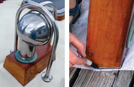 Judy decided to protect Cetacean’s Dorade boxes, which Ron had freshly varnished, at left, by making Sunbrella covers for them. She started by unscrewing the starboard aft box and drawing around it for a pattern, at right.