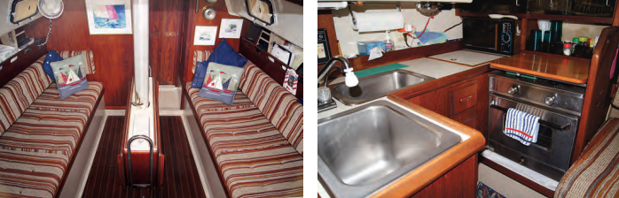 Despite the use of a molded fiberglass pan for the cabin sole and berth flats, there’s a generous amount of teak trim in the saloon, at left. A somewhat unusual feature of the U-shaped galley, at right, is the two sinks, one shallow and one deep.